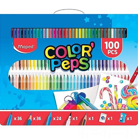 Kit Brush Pen + Lápis de Cor + Caneta Hidrocor + Giz de Cera + Borracha +  Apontador 100 peças Color'Peps MAPED - Papelaria Literarte
