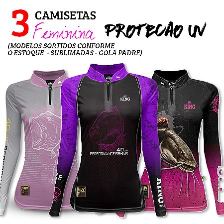 KIT FEMININO - 3 CAMISETAS FEMININAS KING BRASIL (SORTIDAS) - PROTEÇÃO UV