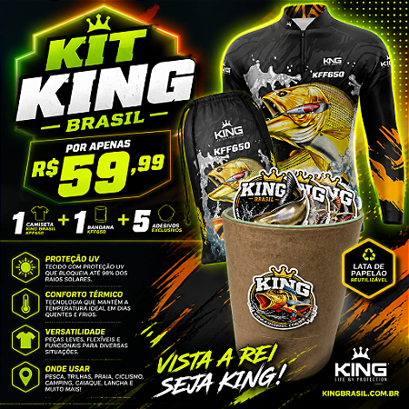 KIT CAMISETA + BANDANA DE PESCA - ADESIVOS - LATA KING BRASIL COM PROTEÇÃO UV 50+ (KFF650)