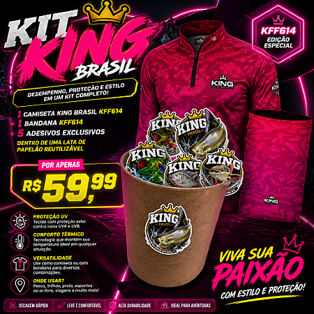 KIT CAMISETA + BANDANA DE PESCA - ADESIVOS - LATA KING BRASIL COM PROTEÇÃO UV 50+ (KFF614)