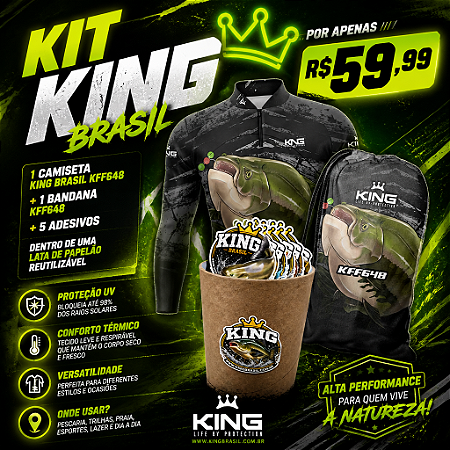 KIT CAMISETA + BANDANA DE PESCA - ADESIVOS - LATA KING BRASIL COM PROTEÇÃO UV 50+ (KFF648)