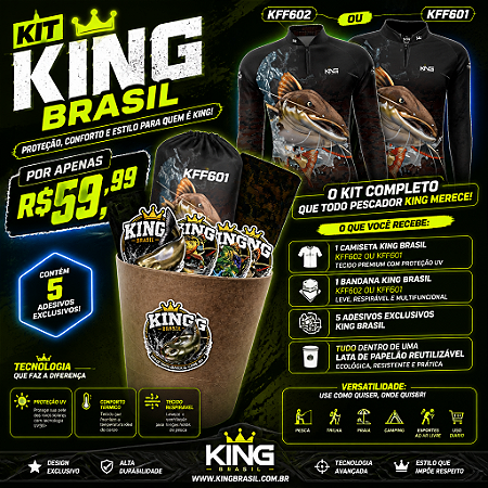 KIT CAMISETA + BANDANA DE PESCA KING BRASIL COM PROTEÇÃO UV 50+ (KFF601 - 602)