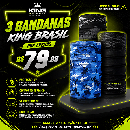 3 BANDANAS KING BRASIL - PROTEÇÃO UV - MODELOS SORTIDOS