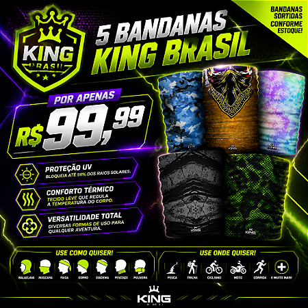 5 BANDANAS KING BRASIL - PROTEÇÃO UV - MODELOS SORTIDOS