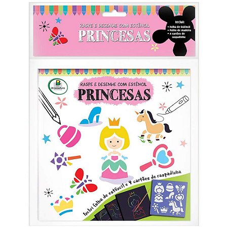RASPE E DESENHE COM ESTÊNCIL PRINCESAS LIVRO INFANTIL