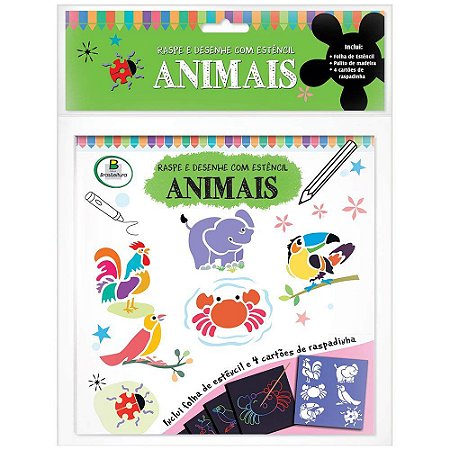 RASPE DESENHE COM ESTÊNCIL  ANIMAIS LIVRO INFANTIL