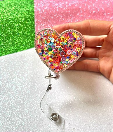 Crachá Retrátil (roller clip) Coração Glitter Brilho