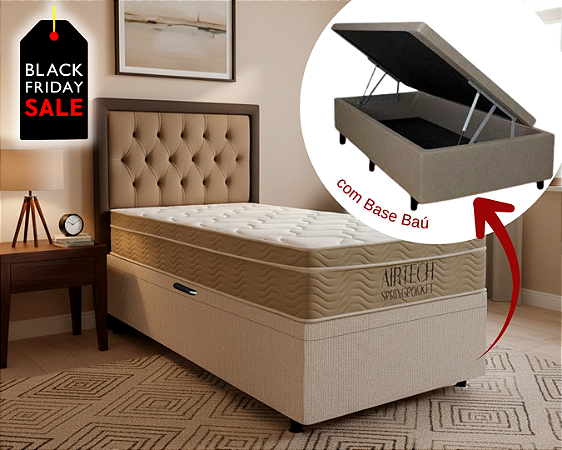 Conjunto Baú Solteirão (Colchão Airtech Springpocket Ortobom + Base Baú Trad. 46cm)