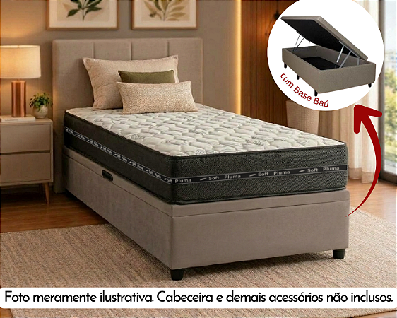 Conjunto Baú Solteirão (Colchão Prime Pocket Soft Pluma + Base Baú Econ. 36cm)