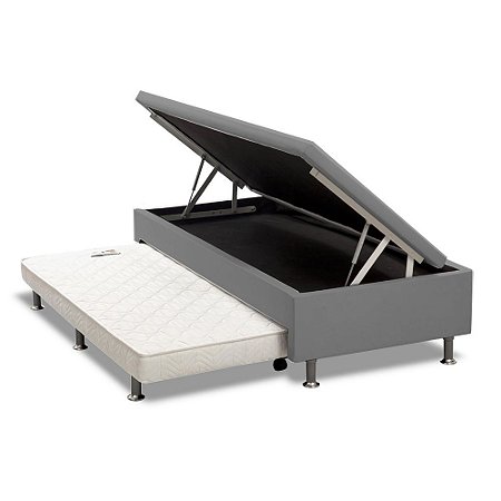 Cama Box Baú Solteiro com Auxiliar Espuma Sintético Cinza 56x78x188