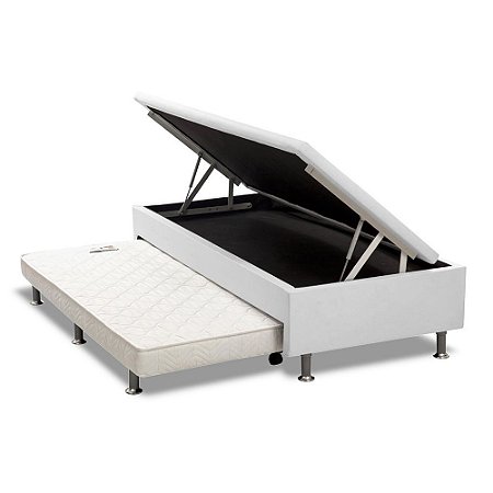 Cama Box Baú Solteiro com Auxiliar Espuma Sintético Branco 56x78x188