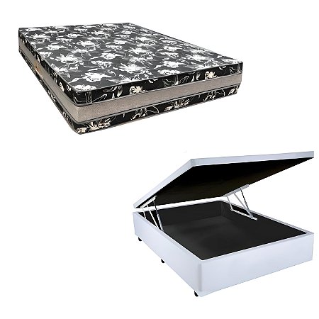 Cama Base Box Baú Casal Super Black Sintético Branco + Colchão Casal Super Branco D33 26x138x188