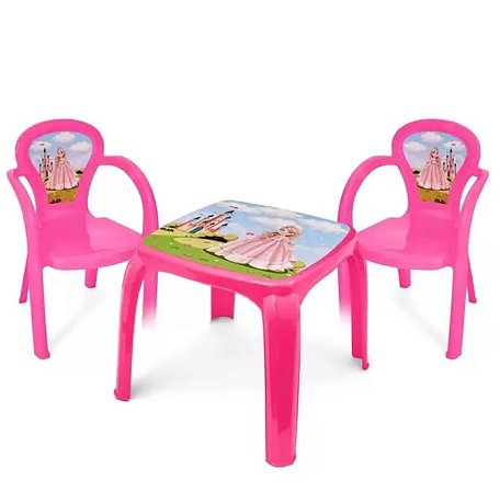 Mesa Mesinha Infantil Rosa Princesa Com 2 Cadeiras Plástica
