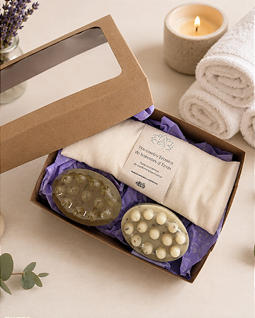 Kit Ritual Serenidade ( Sabonete massageador de Camomila e de Erva doce + Bolsinha de ervas para os olhos