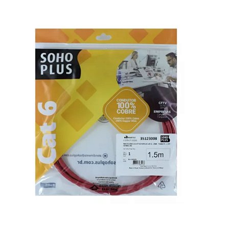 Cabo De Rede Patch Cord Vermelho Uutp Cat.6 Cmx 1,5 Metros