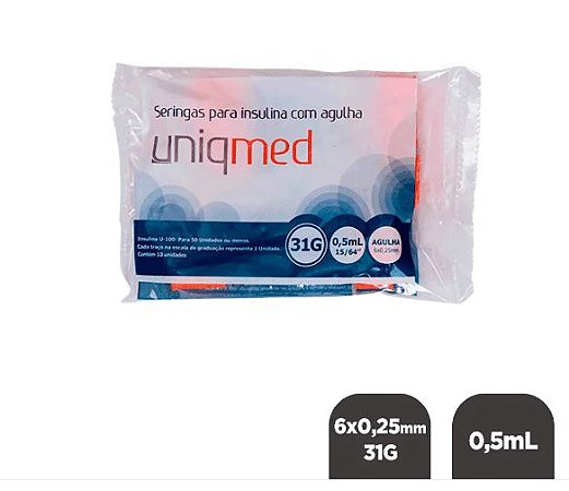 Seringa c/ Agulha Fixa para Toxina Botulínica 6x0,25mm 31g -0,5ml 50UI c/ 10un - Uniqmed
