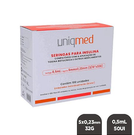 Seringa c/ Agulha Fixa para Toxina Botulínica 5x0,23mm 32g 0,5ml 50UI - Caixa c/ 100un - Uniqmed