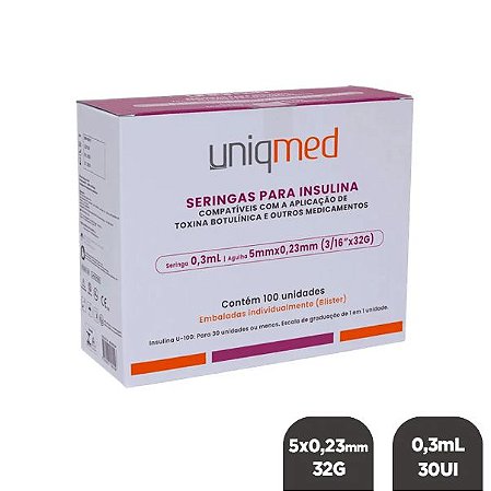Seringa c/ Agulha Fixa para Toxina Botulínica 5x0,23mm 32g 0,3ml 30UI - Caixa c/ 100un - Uniqmed