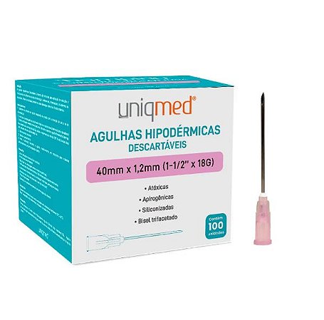 Agulha hipodérmica (40mm x 1,2mm /18g) c/100un - UNIQMED