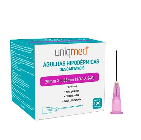 Agulha hipodérmica (20mm x 0,55mm /24g) c/100un - UNIQMED