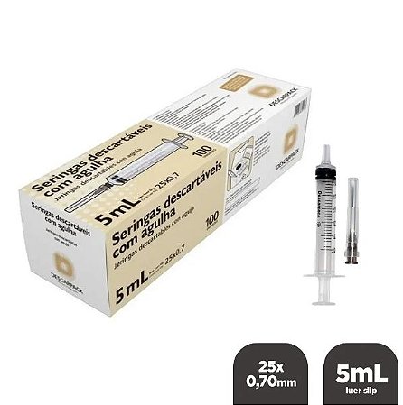 Seringa Slip c/ Agulha 25x0,70mm 22g 5ml - Descarpack c/ 100un