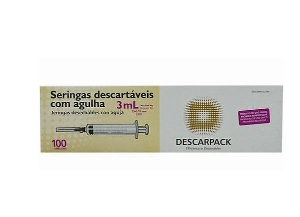Seringa Slip c/ Agulha 25x0,70mm 22g 3ml - Descarpack c/ 100un