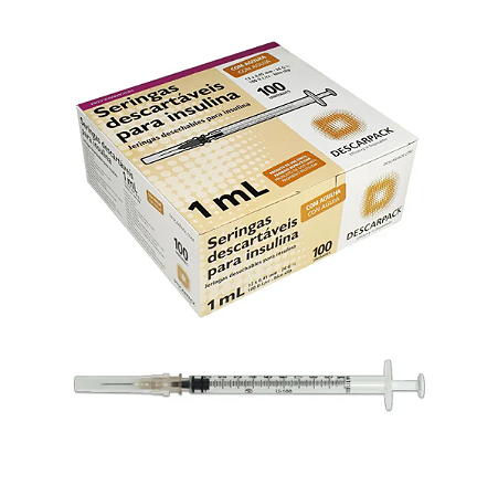 Seringa para Insulina 1ml c/ Agulha Removível 0,45x13mm 26G (Caixa c/ 100un) - Descarpack