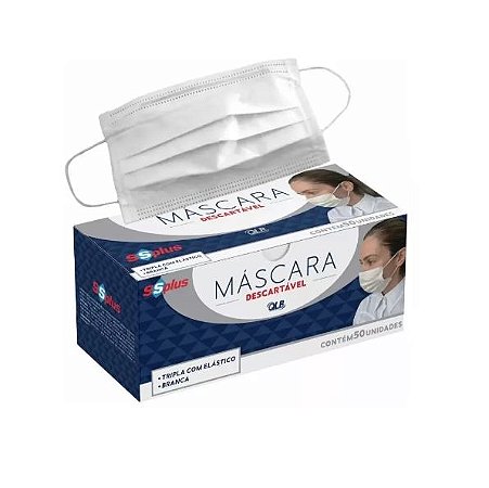 Máscara Descartável Tripla com Elástico Branca c/ 50un -  SSPlus
