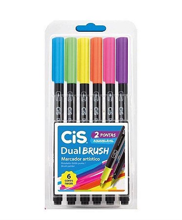 Marcador cis dual brush  aquarelavel estojo com 6 cores