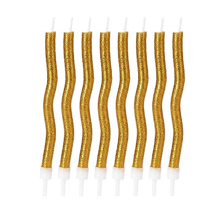 Vela Palito Espiral dourado C/ glitter 8 Unidades