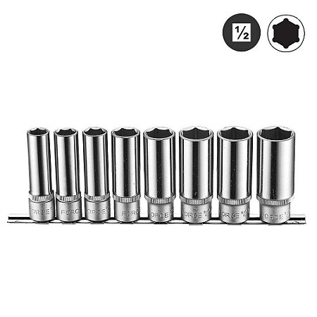 Jogo de Soquete Sextavado Longo 13 a 24mm - 1/2 - com 9 peças - 4082A-9 - Force