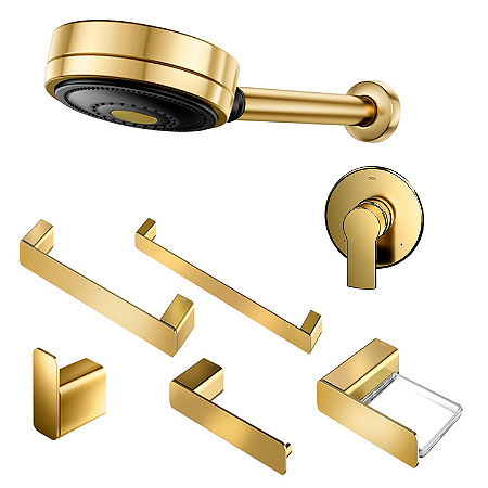 Kit Acessórios Ouro Polido Docol Flat + Chuveiro Technoshower + Acabamento Argon