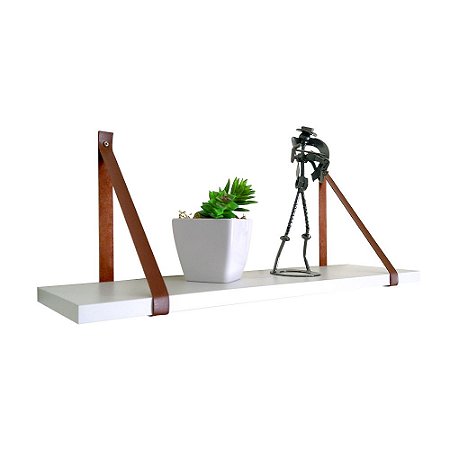 Prateleira MDF Branca c/ Alça de Couro 60x15