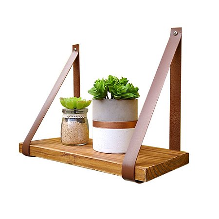 Prateleira Pinus tom Castanheira 30x15 - Alça de Couro