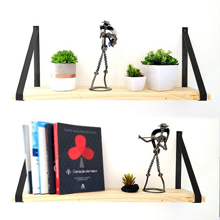 Kit 2 Prateleiras 60x15 Pinus - Alças de Couro