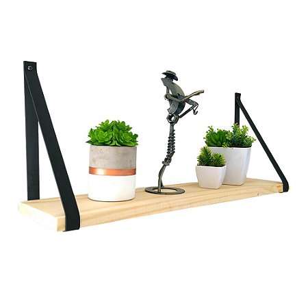 Prateleira PINUS Alça de Couro PRETO - Escolha sua medida