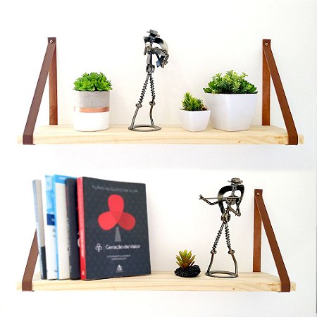 Kit 2 Prateleiras 30x15cm Pinus - Alça de Couro