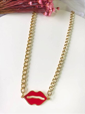 Colar Corretaria Pingente Boca Folheado a Ouro 18K