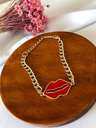 Pulseira Boca Vermelha Folheada a Ouro 18K