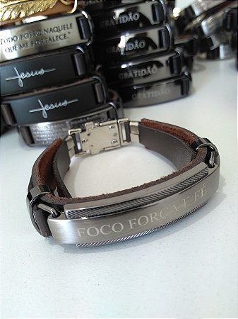 Pulseira Masculina Foco, Força e Fé Marrom