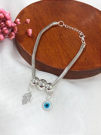 Pulseira com pingente de 0lho Grego e Mão de Fátima