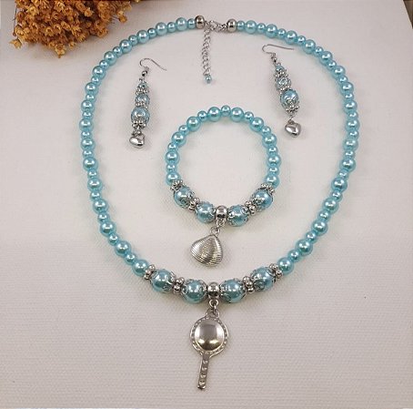 Conjunto Kit Iemanjá Odoya Rainha do Mar Colar Brinco Pulseira Umbanda Candomblé