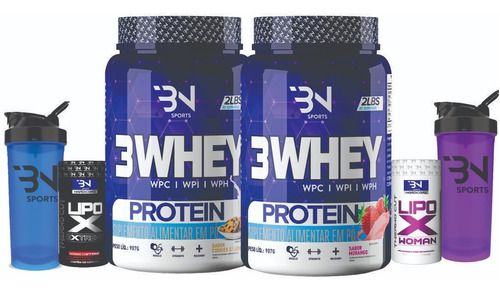 Combo 2 Whey 3w + 2 Emagrecedor + 2 Coqueteleira