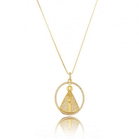 Colar Dourado Pingente Nossa Senhora com Zircônias