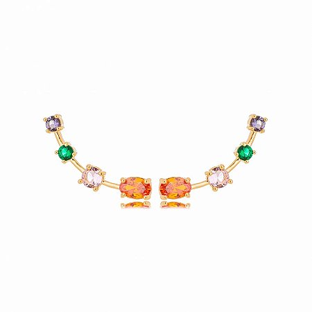 Brinco Dourado Ear Cuff Zircônias Ovais Rainbow