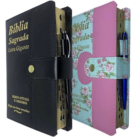 Kit com 2 Bíblia Sagrada Botão e Caneta Índice e Harpa Cristã Masculina e Feminina