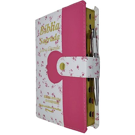 Bíblia Sagrada Letra Grande Índice Lateral Botão e Caneta Capa Branca e Pink