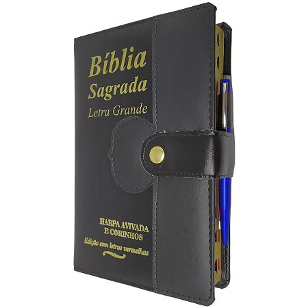 Bíblia Sagrada Letra Grande Índice Lateral Botão e Caneta Capa Preta