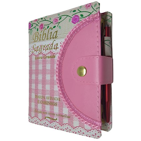 Bíblia Sagrada Letra Grande Com Harpa Botão e Caneta 17x13 - Rosa Xadrez