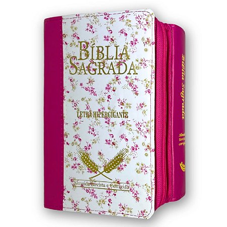 Bíblia Sagrada Média Hipergigante Corrigida | Branca Florida Pink Zíper